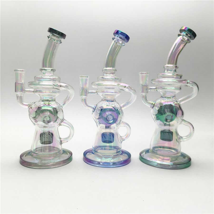 2021 Electroplated Glass Bong Recycler Dab Rig Recycler Bongs Smoking Pipe With 14mm Bowl And 1