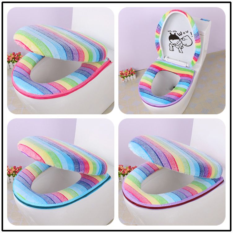 2020 Colorful Rainbow Stripe Thermal Zippered Toilet Seat Cushion
