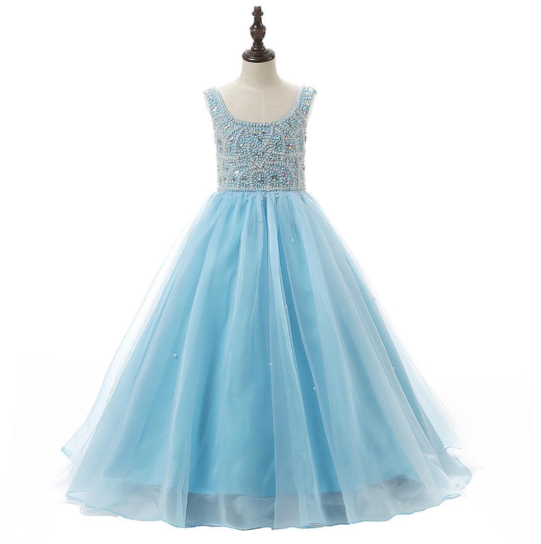 Lovely Baby Blue Flower Girls Dresses For Weddings With Scoop Neck Heavy Beaded Ruched Ball Gown