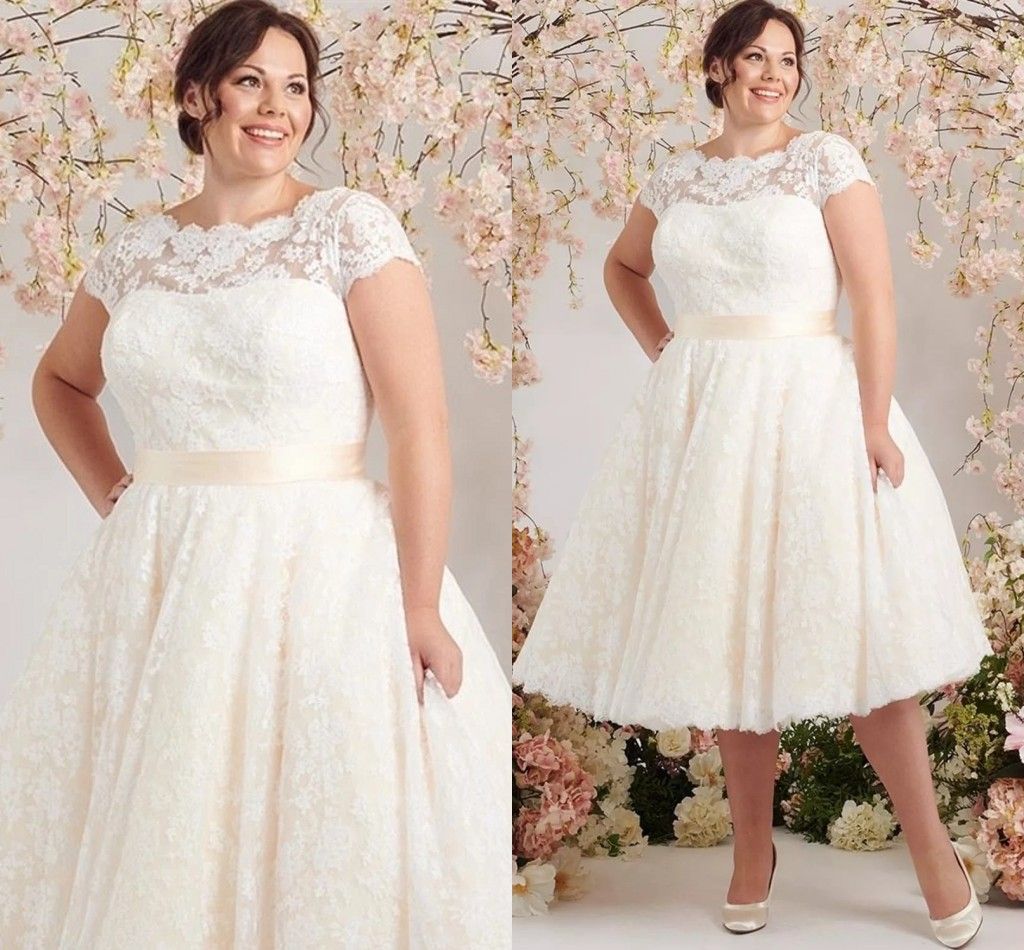 Plus Size Short Dresses 2021 A Line Jewel Neck Short Sleeves Tea Bridal Gowns Lace Appliqued Belt De Novia AL8057 From $98.42 | DHgate.Com