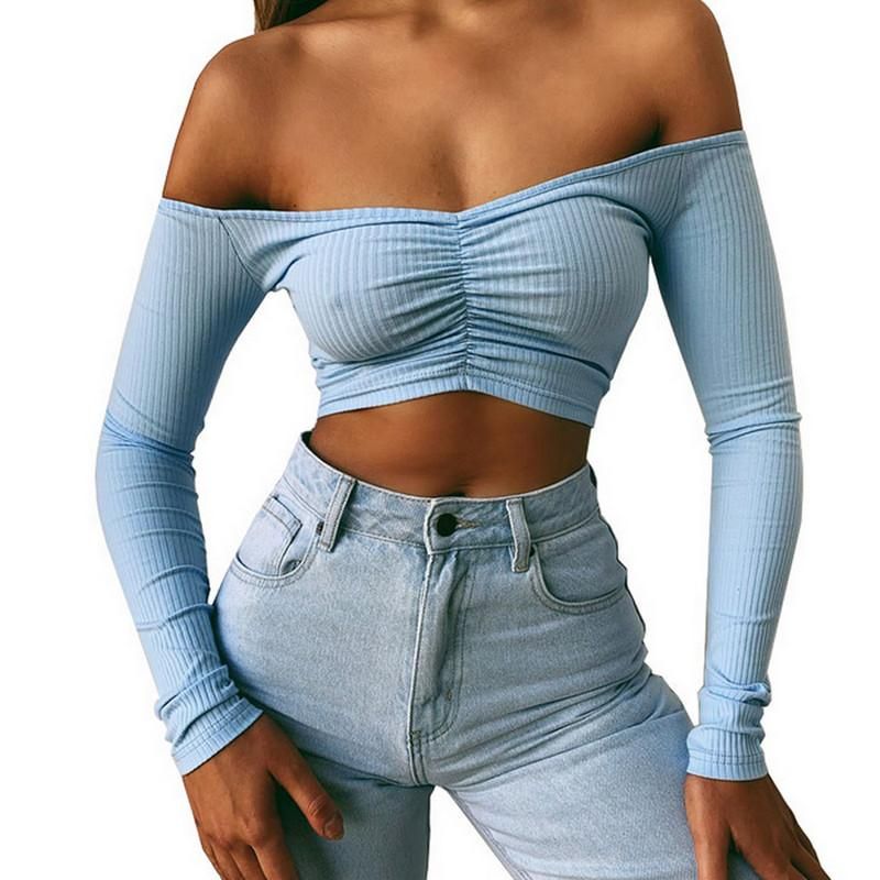 Camisas De Manga Larga Para Mujer Top Corto Con Hombros Desc Camisas De Manga Larga Para Mujer Top Corto Con Hombros Desc