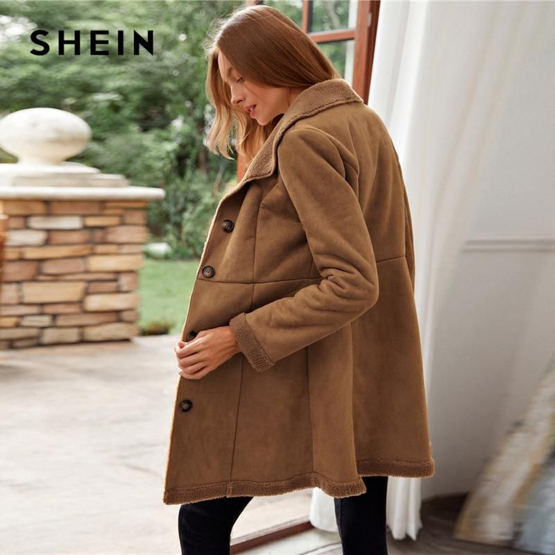 Chaquetas de SheIn Brown Faux Shearling Detalle Botón Abrigo Abrigo Mujer Invierno Online Breasted