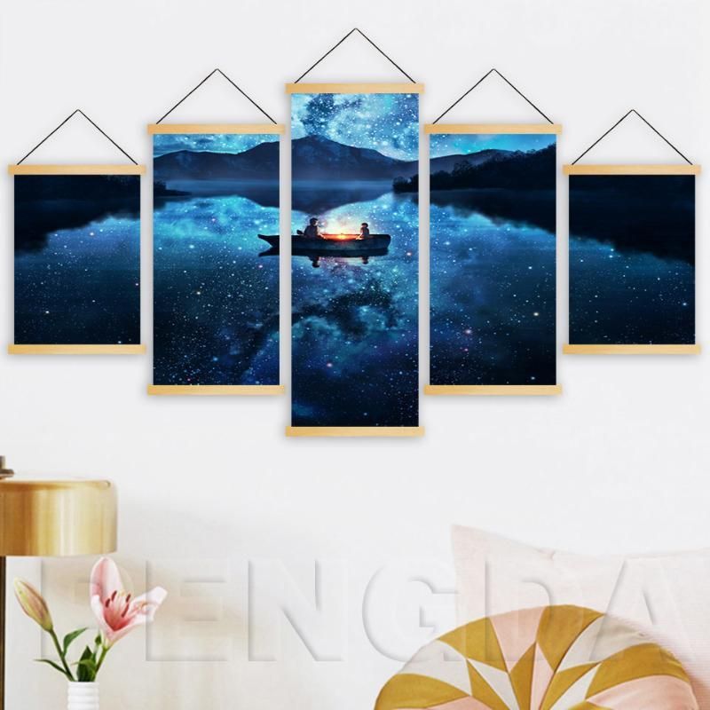 Paintings Home Decor Solid Wood Hanging Scrolls 5 Panel Starry Nightscape Characters Print Canvas Modern Nordic Poster Wall Art Painting1 Quantity Best Quality And Est Dhgate Com - Hanging Scrolls Home Decor