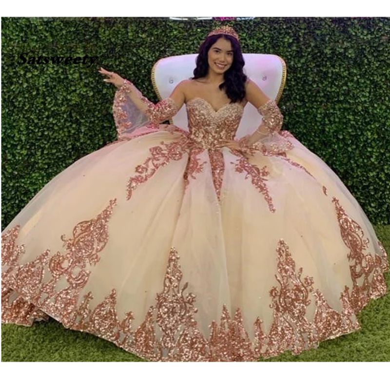 Rose Gold Sparkly Quinceañera Vestidos de fiesta 2022 Moderno Sweetheart Encaje Applique Lentejuelas Bola Vestido Tulle Rose Gold Sparkly Quinceañera Vestidos de fiesta 2022 Moderno Sweetheart Encaje Applique Lentejuelas Bola Vestido Tulle