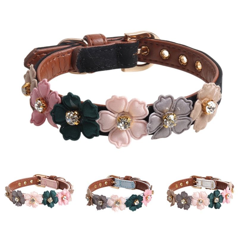 Collar de flores de perro Lindos Diamantes Perros cuero PET AJUSTABLE COLLARES PARA