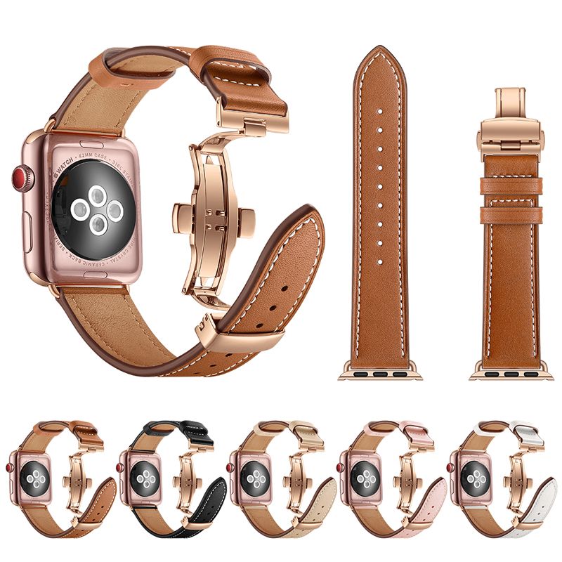 Compra Banda De Correa De Correa De Cierre De Mariposa De Oro Rosa Banda De  Bucle De Cuero Genuino Para Apple Watch 38mm 42mm IWatch Series 6 SE 5 4 3 2