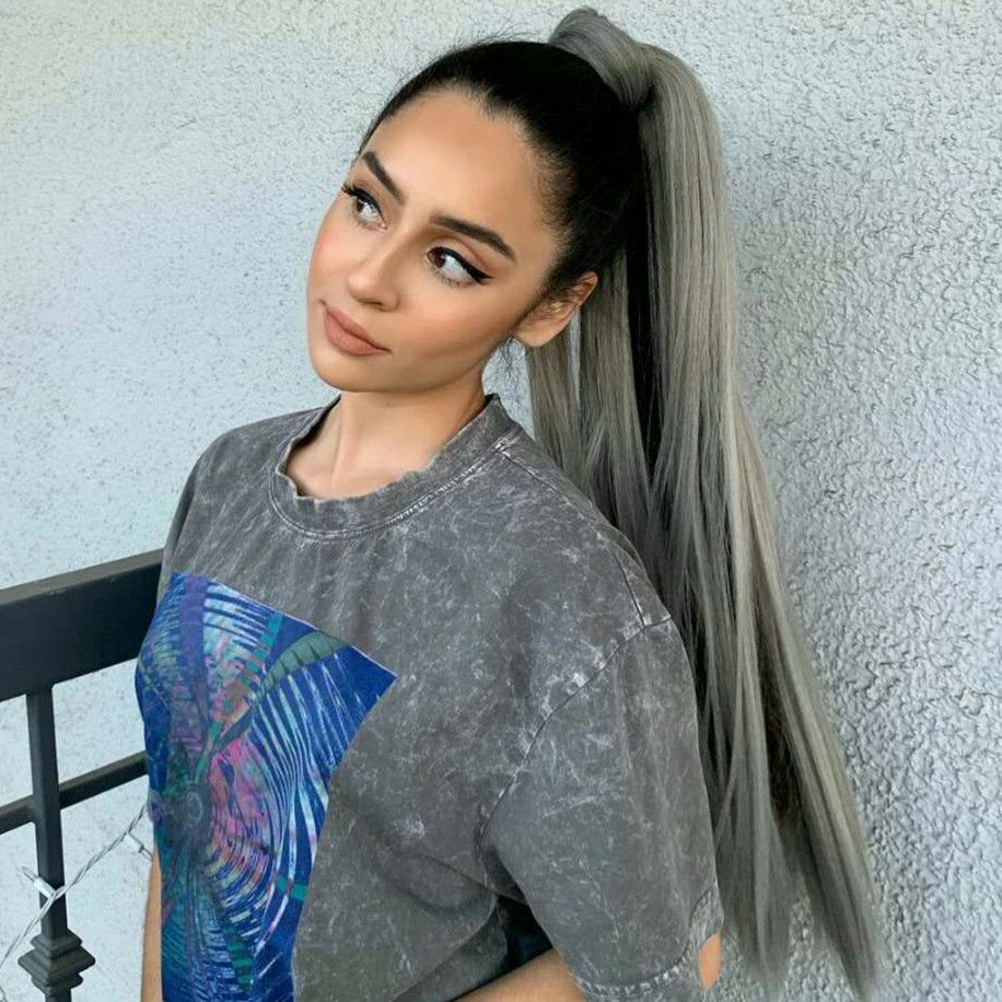 Real dark grey ombre hair ponytail hairpiece silky straight short high  women ponytail extension Salt and