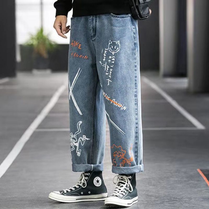 Korean Pants Jeans Cartoon Dinosaur Graffiti Mens Streetwear Hip Hop Cargo  Oversized Trousers Men's Black Denim Pants Overalls 220212