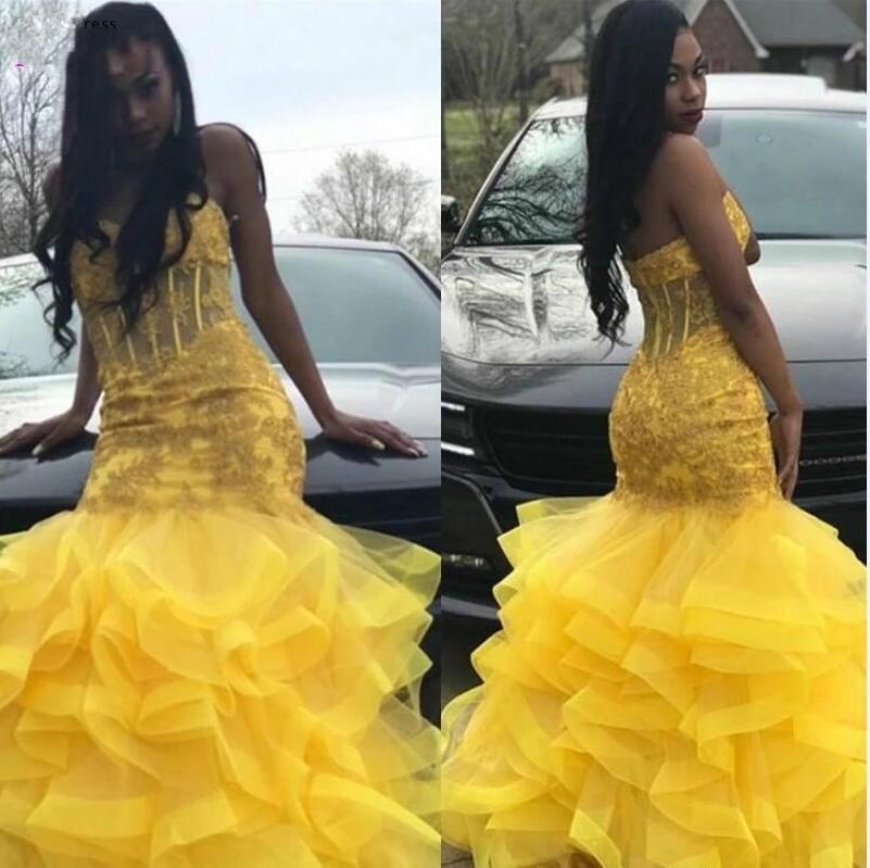 Long Mermaid Yellow Prom Dresses 2021 