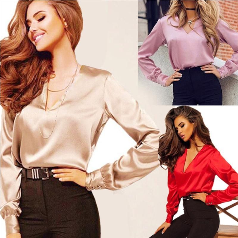 Compra Blusas De Las Mujeres Camisas Primavera / Verano 2021 Estilo Sexy  Moda Satén Camisa Elegante V Cuello Oficina Blusa Casual Manga Larga Botón  De La Línea Barato | Entrega Rápida Y