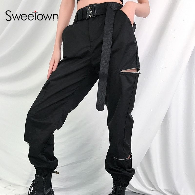 Compre Sweown Street Style Chic Hippie Pantalones Mujeres Streetwear Verano  Bolsillos Negros Con Cremallera Open Hip Hop Pantalones De Cintura Alta  Y200114 A 19,52 € Del Shanye04 | Es.Dhgate.Com