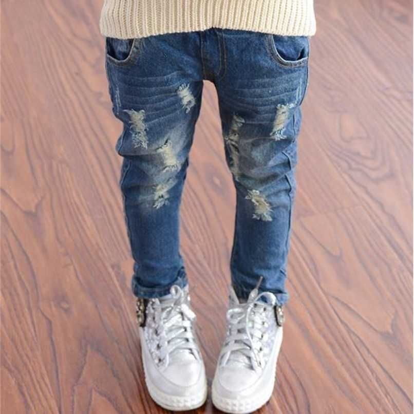 otoño niños niñas jeans niños rotos fresco lavado dril de algodón pantalones para niños