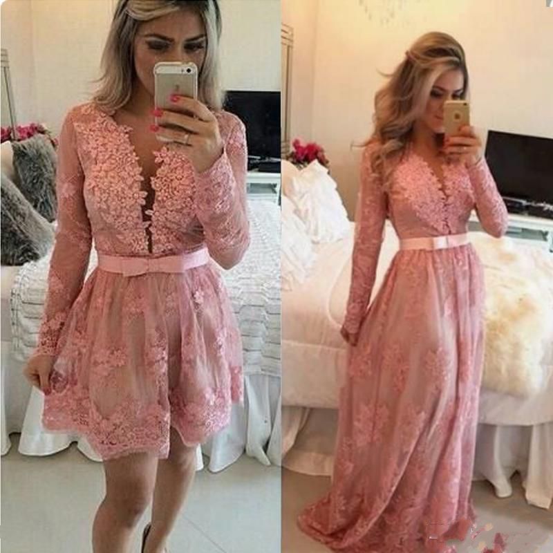 Compra Elegantes Vestidos De Fiesta De Encaje Corto De Color Rosa Con Falda  Desmontable Con Cuello En V Manga Larga Botón Cubierto Vestido De Casa  Vestido Con Perlas Barato | Entrega Rápida