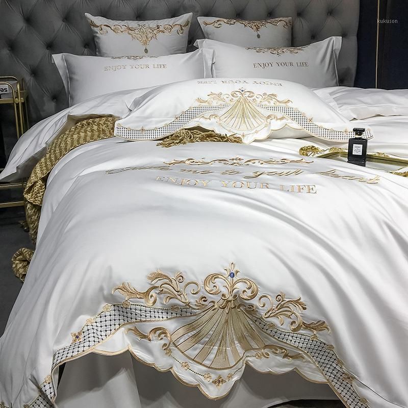 600TC Egyptian Cotton White Bedding Set Embroidery Duvet Cover Bed Queen king 