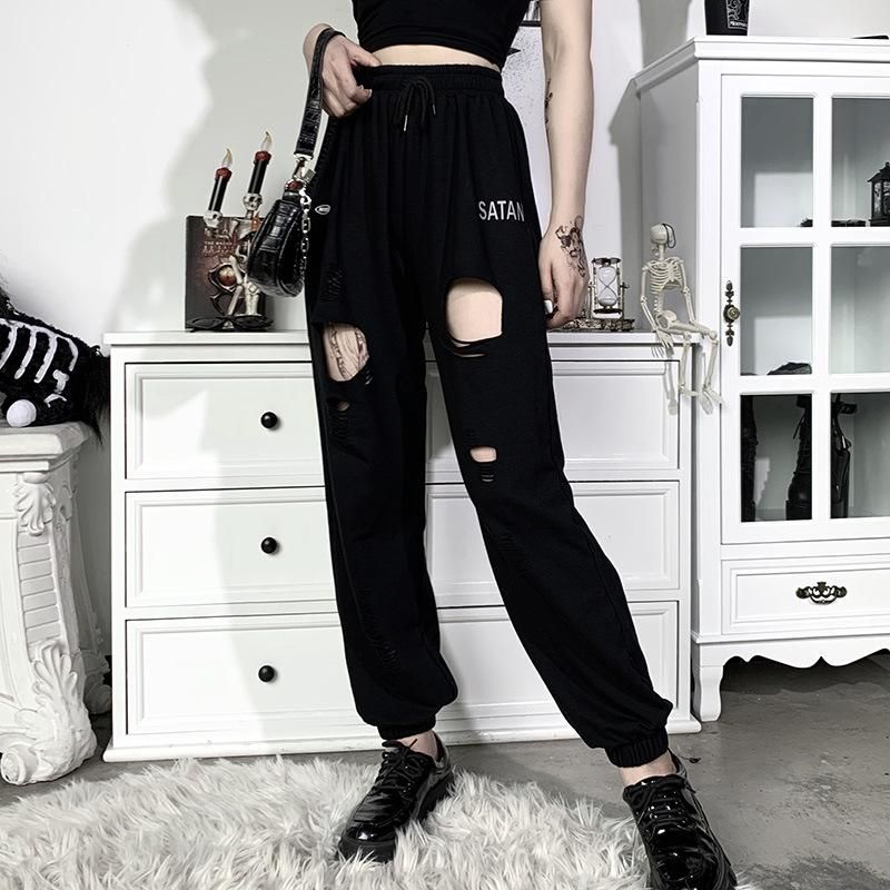 Compra Pantalones Para Mujer Capris Chicas Agujeros Casual Femenino  Sweetwear Bottoms Adolescentes Tobillo Cintura Con Banda De Moda Ropa Negra Suelta  Para Mujeres Barato | Entrega Rápida Y Calidad | Es.Dhgate