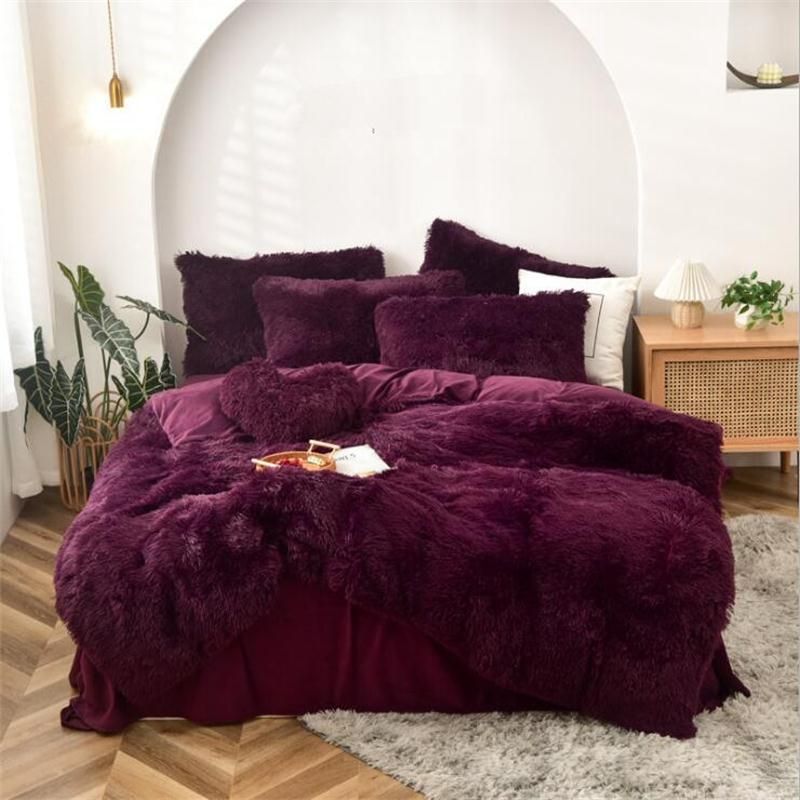 2021 Burgundy Fleece Fabric Winter Thick Solid Bedding Sets Mink Velvet