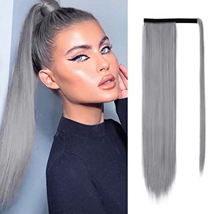 Silver Grey Long High Straight Ponytail Extension Wrap Around Pony Tail