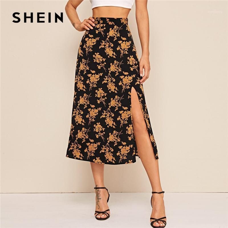 SheIn Multicolor Split Muslo Floral Impresión Faldas Para Mujeres 2020 Summer Bohemian A-Line Ladies