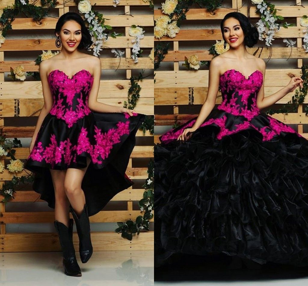 Dos piezas Negro Sweetheart Quinceañera Vestidos Bola Bola Apliques Sweet  16 Vestidos Vestido de 15 ANOS