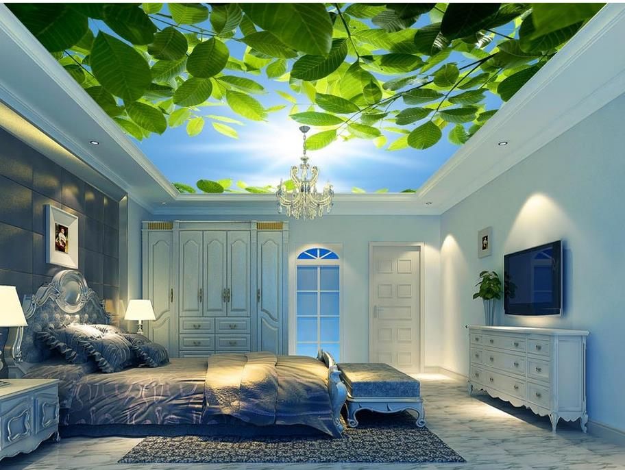 Beautiful 3d ceiling murals wallpaper blue sky white clouds green leaves  ceiling background decorative painting