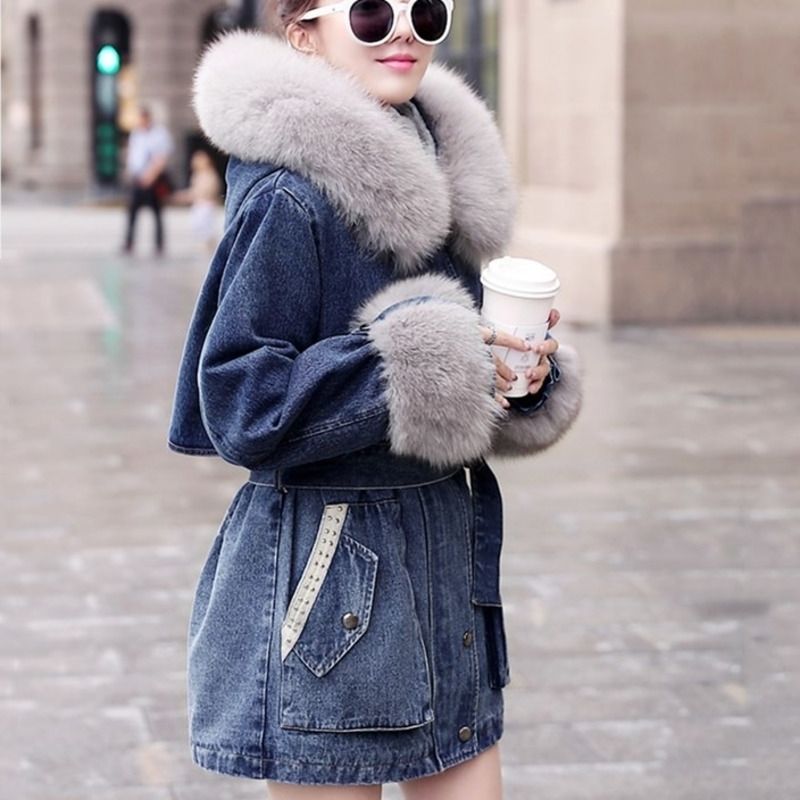 Black Denim Coat Female Faux Fur Collar 