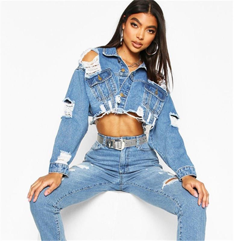 Compre Chaqueta De Mezclilla Rota Corta Para Mujer Primavera 2021 Moda  Nueva Solapa Sexy Solapa Sexy De Manga Larga Top De Moda 290 A 26,99 € Del  Zaoribaofu | Es.Dhgate.Com