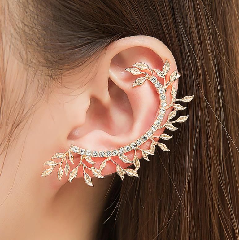 Fashion Golden Leaf Ear Puño Ear Hoop Rhinestone Stud Pendientes para Mujeres Niñas Boda