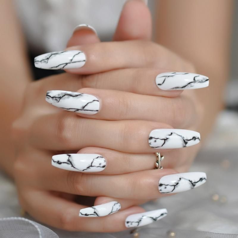 False Nails White Marble Designed Fake Nail Long Smooth Pre-designed Salon Artificial Coffin With Doubled Tape Tips False Nails White Marble Designed Fake Nail Long Smooth Pre-designed Salon Artificial Coffin With Doubled Tape Tips