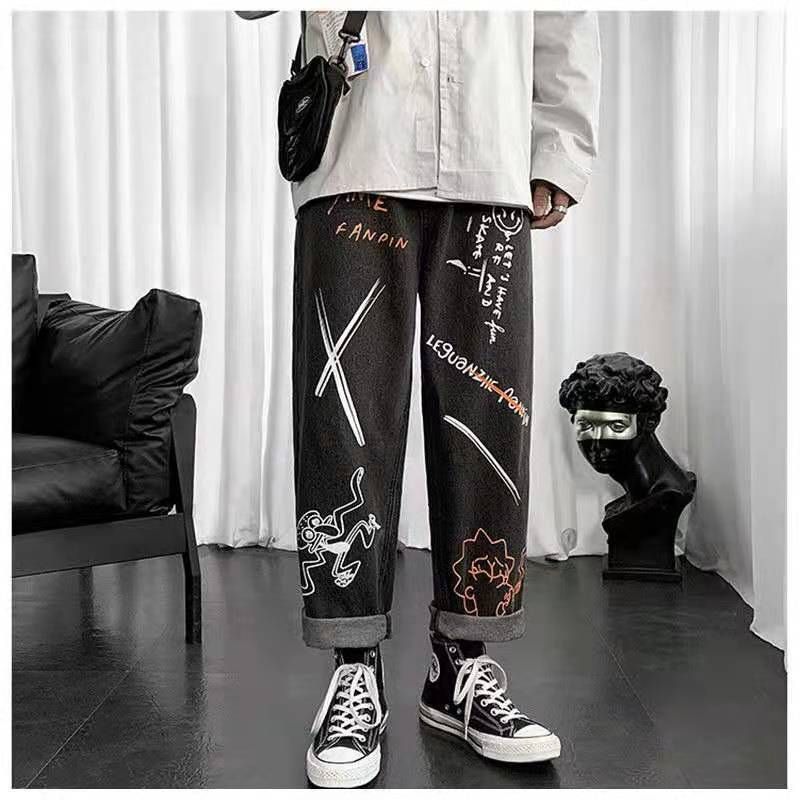 Pantalones coreanos Pantalones vaqueros Dibujos animados Dinosaurio  Graffiti Mens Streetwear Hip Hop Cargo Pantalones de gran tamaño Pantalones  de mezclilla negros de los hombres Monos 220212