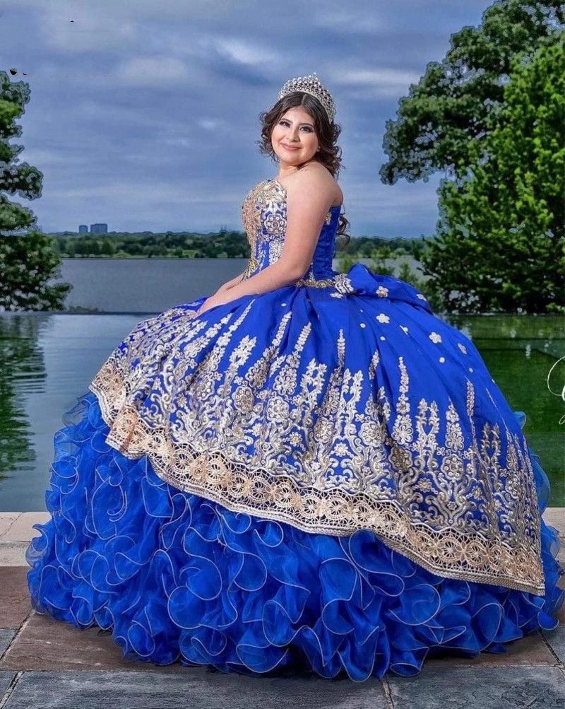 Royal Blue Satin 2022 Vestidos de 15 Años Azul Quinceañera Vestidos Encaje Ruffles Organza México Chicas Royal Blue Satin 2022 Vestidos de 15 Años Azul Quinceañera Vestidos Encaje Ruffles Organza México Chicas