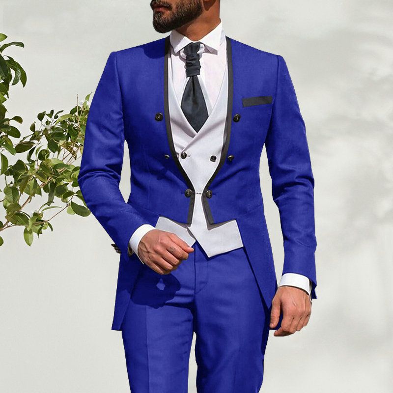 2021 Custom Made Groomsmen Royal Blue Groom Tuxedos Stand Lapel Men ...