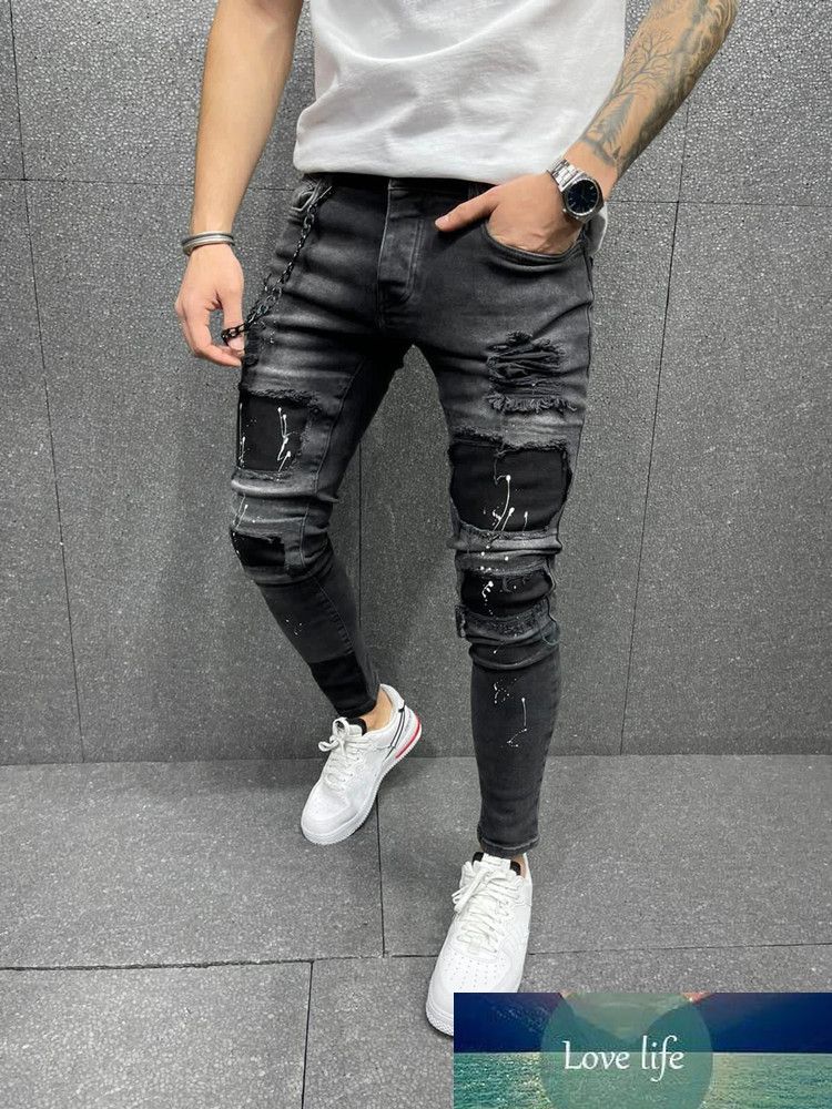 Hot Sale Men Ripped Skinny Zipper Jeans 