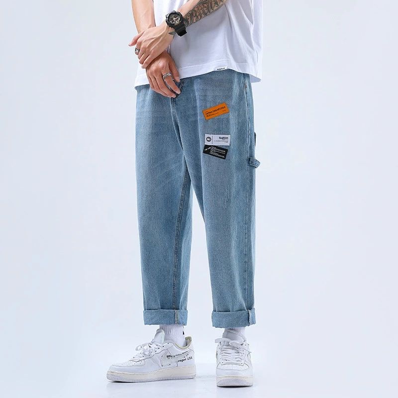 Lavado vintage ancho jeans hombre 2021 apliques casual sueltos bagg pantalones pantalones pantalones coreanos pantalones