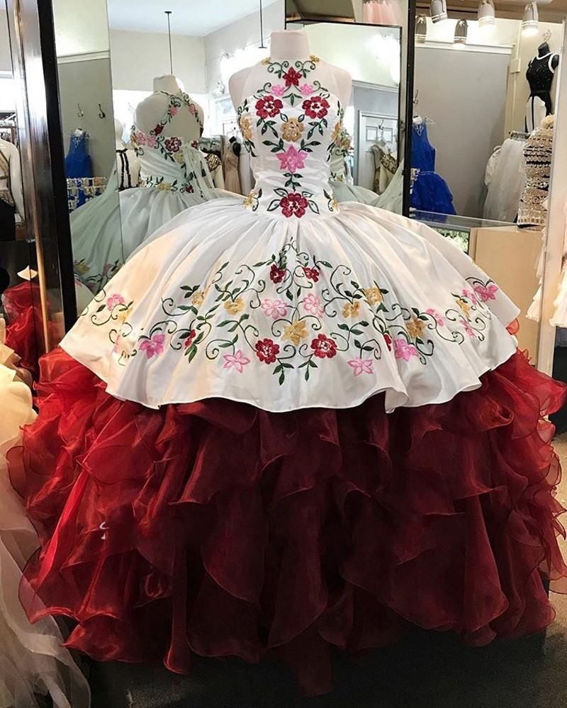 2022 Moda Blanco Vino Rojo Vestidos volantes Satin Organza Bola de bola Impreso Bordado Flower