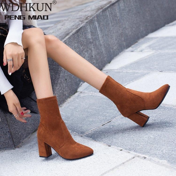Botas negro marrón grueso tacón tobillero mujer zapatos de invierno bonito alto punta puntiagudo
