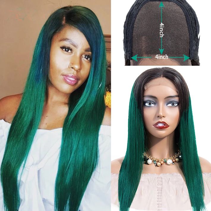 Dark Roots 1B Green Ombre Wig Brazilian Remy Glueless Human Hair Lace Front  Wigs For Black