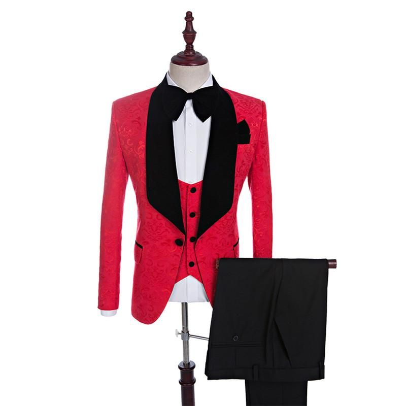 남성용 정장 블레이저스 최신 코트 바지 디자인 숄 옷깃 신랑 턱시도 빨간색 / 화이트 / 블랙 남성 웨딩 남자 블레이저 (자켓 + 바지 + 넥타이 + 조끼)