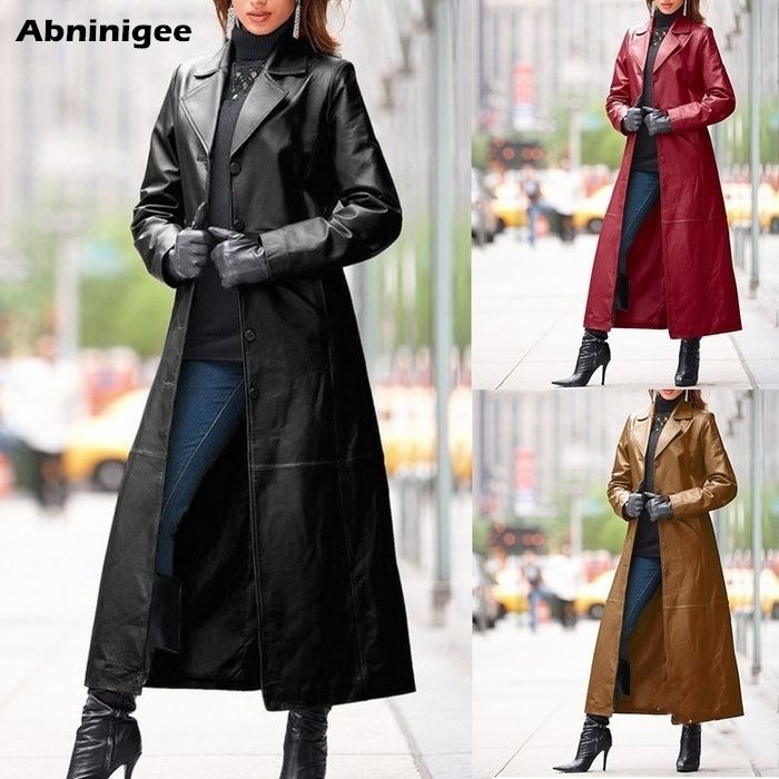 mujer de cuero largo chaqueta de cuero más tamaño otoño ocasional botones sueltos sólidos largos abrigos steampunk gothic lapel biker chaqueta 201214