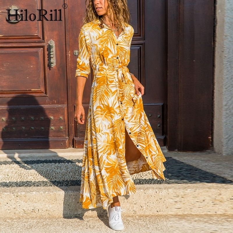 Compra Hilorill Mujeres Imprimir Vestido Largo Botones De Manga Larga  Vestido Dividido Casual Turn Down Cuello Ladies Fashes Vestidos De Camisa  T200914 Barato | Entrega Rápida Y Calidad | Es.Dhgate