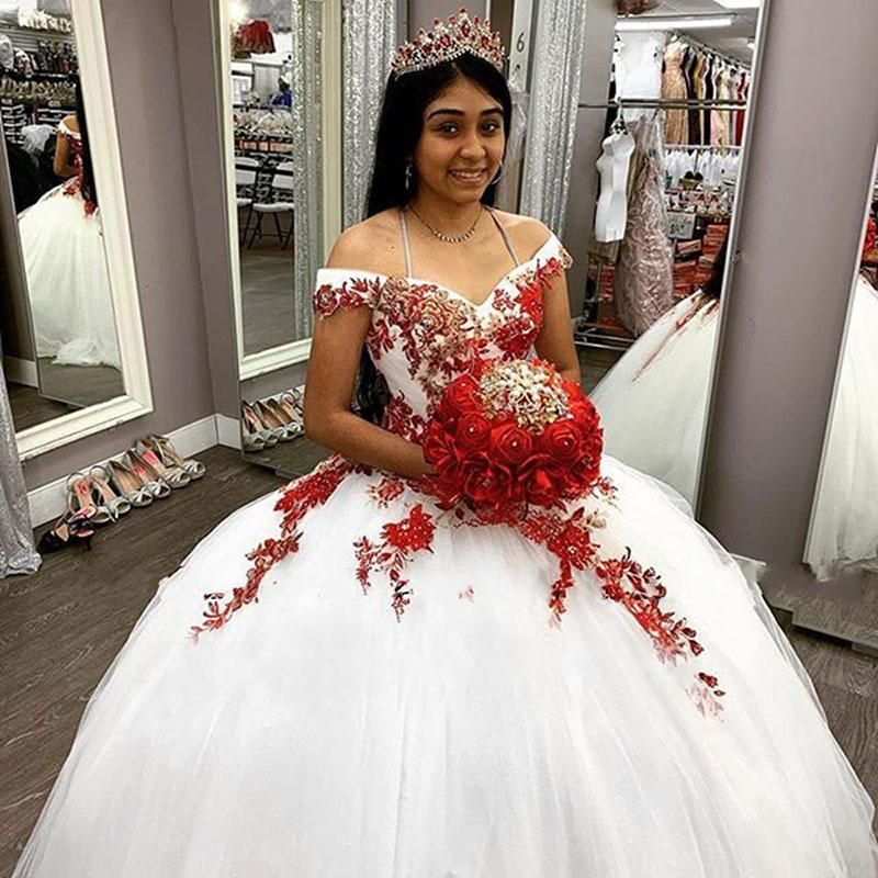 Red White Quinceanera Dresses Quinceanera Dress Gold Red  White,  Custom-made, Bling Bling