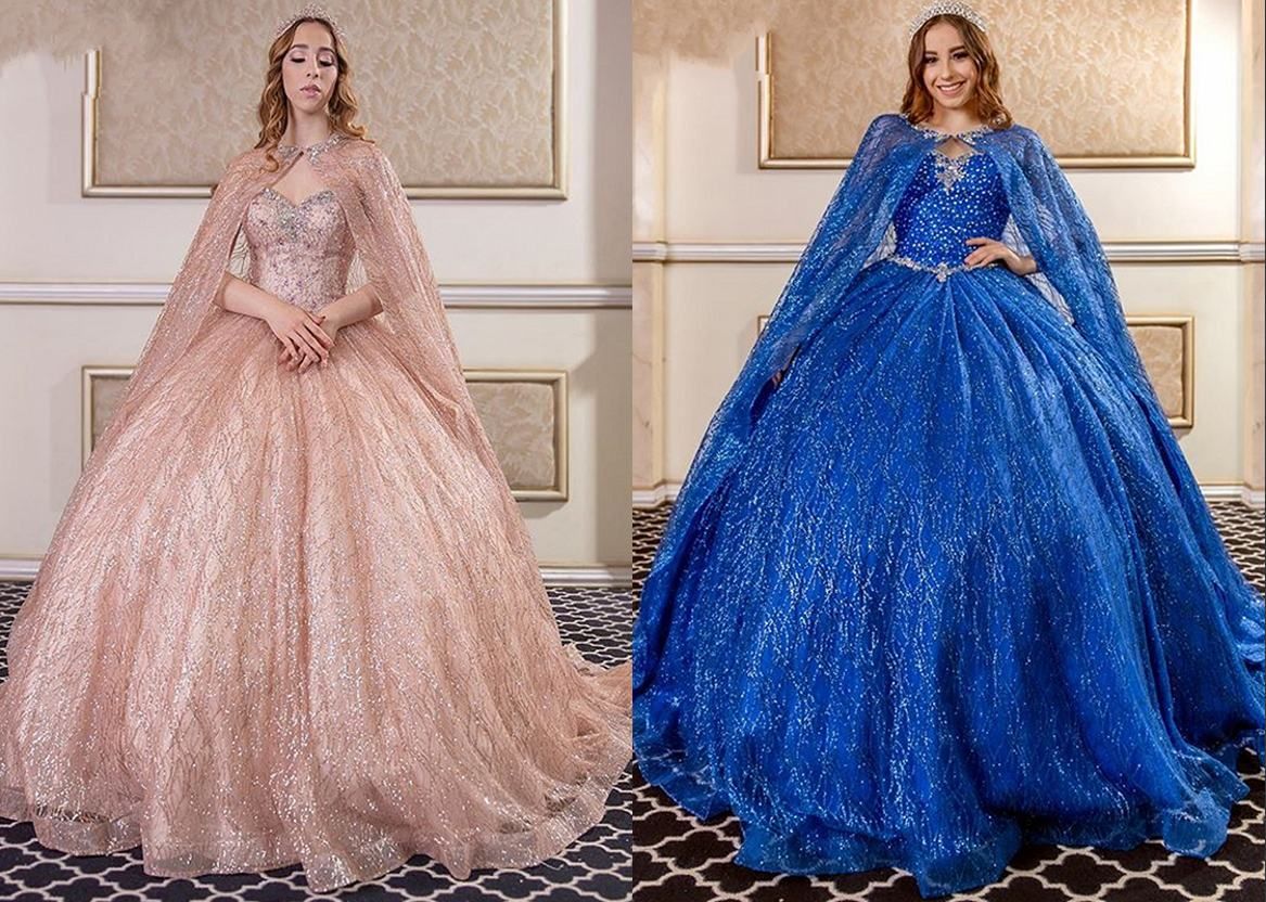 BlingBling Royal Blue Rose Gold BIG Shawl Ball Gown Quinceanera Dresses