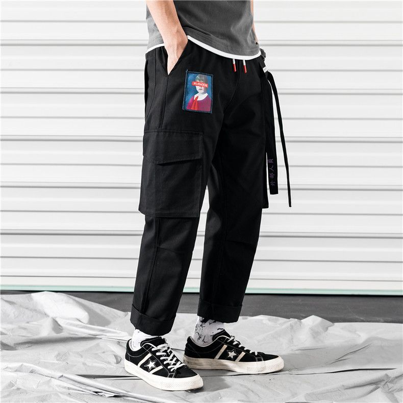 Men Cargo Pants Black Ribbons Block Multi-Pocket Harem Joggers Sweatpant  Hip Hop Casual Male Trousers 