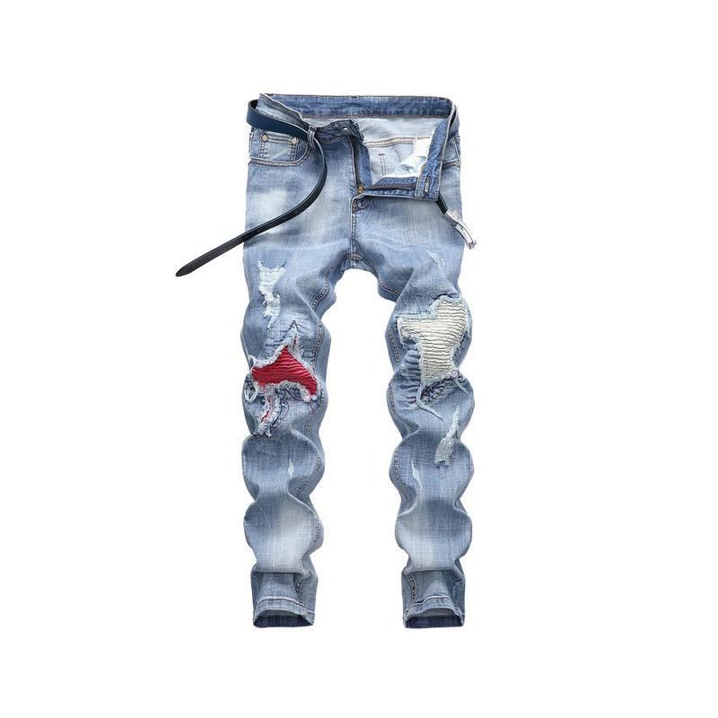 Pantalones vaqueros para hombres Europa y América Pliegues Pegatinas Marca decorativa Color Elástico Motocicleta