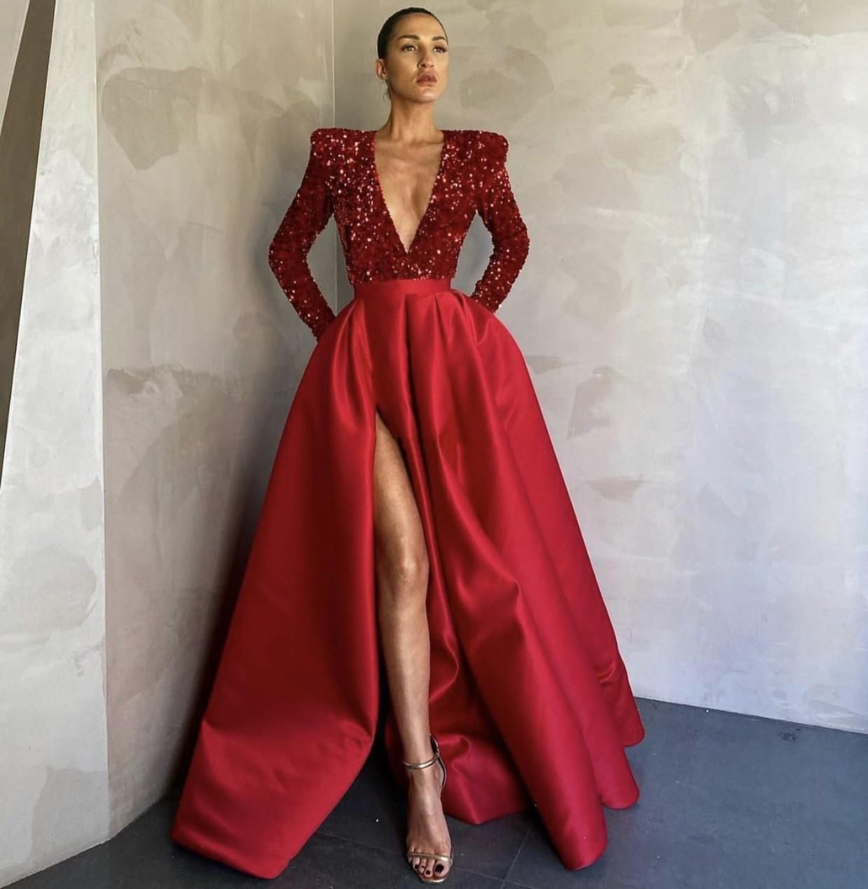 Red Elegant Prom Dresses Sequined Lace 
