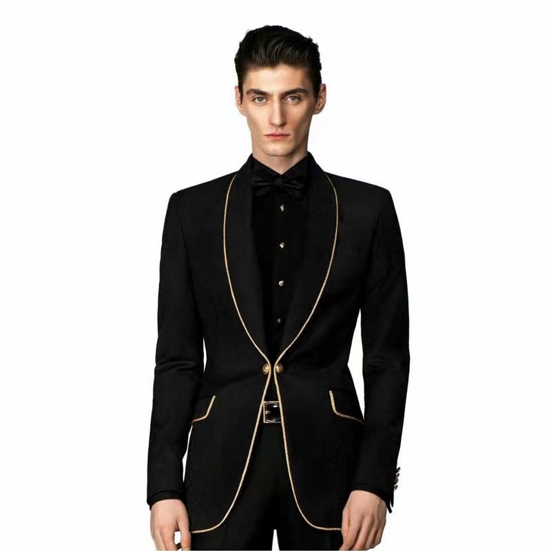 Black Men Suits For Ceremony Prom Party Slim Fit Groom Tuxedo Gold ...