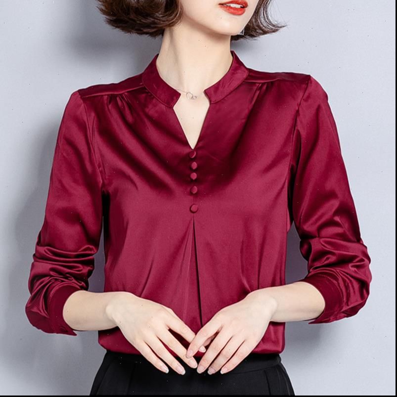 Moda otoño mujeres seda elegantes mujeres satin blusa camisa mujer v camisa camisa más tamaño para mujer tops y blusas