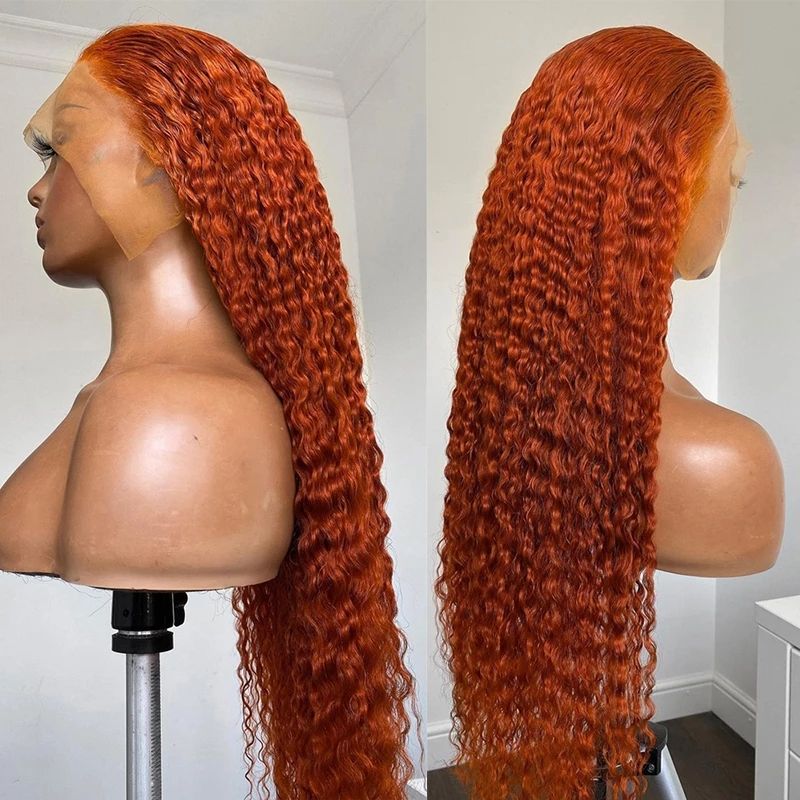 26Inch Deep Wave Ginger Orange Lace Frontal Synthetic Hair Wig For Women  Preplucked Heat Resistant Daily