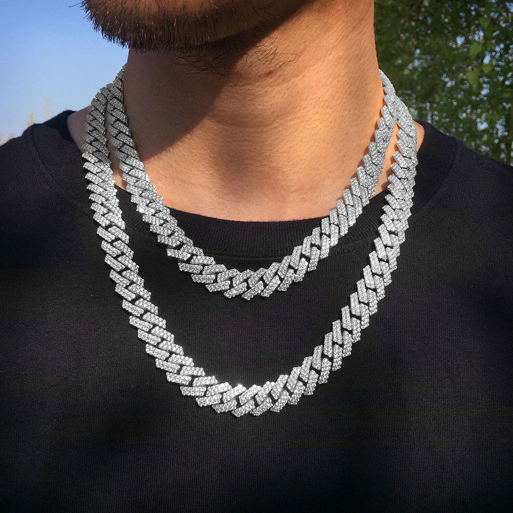 Mens 12MM Iced Cuban Link Prong Chain 