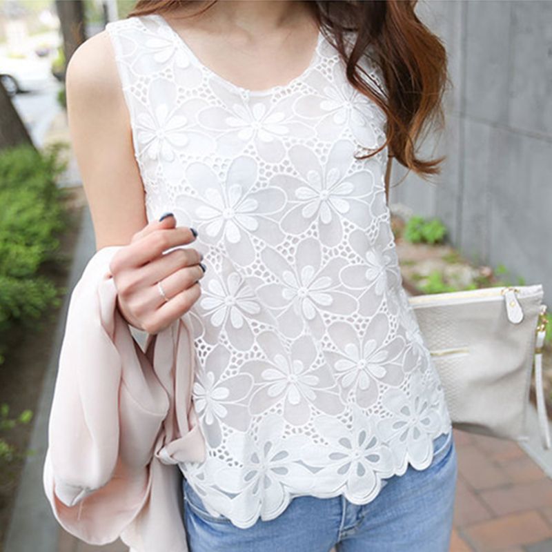 6XL Blusa Blanca Camisa Sin mangas Mangos Tamaño Mujer Crochet Encaje Tops Flower Blusas