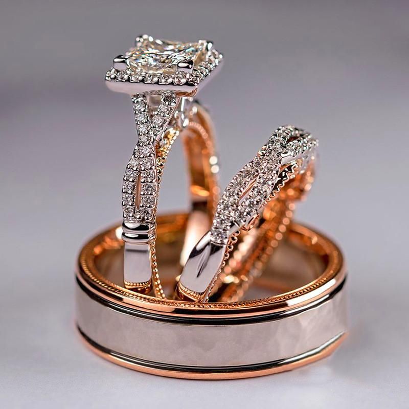 Lujo femenino blanco cuadrado cristal anillo clásico color oro de bodas conjunto vintage zircon piedra